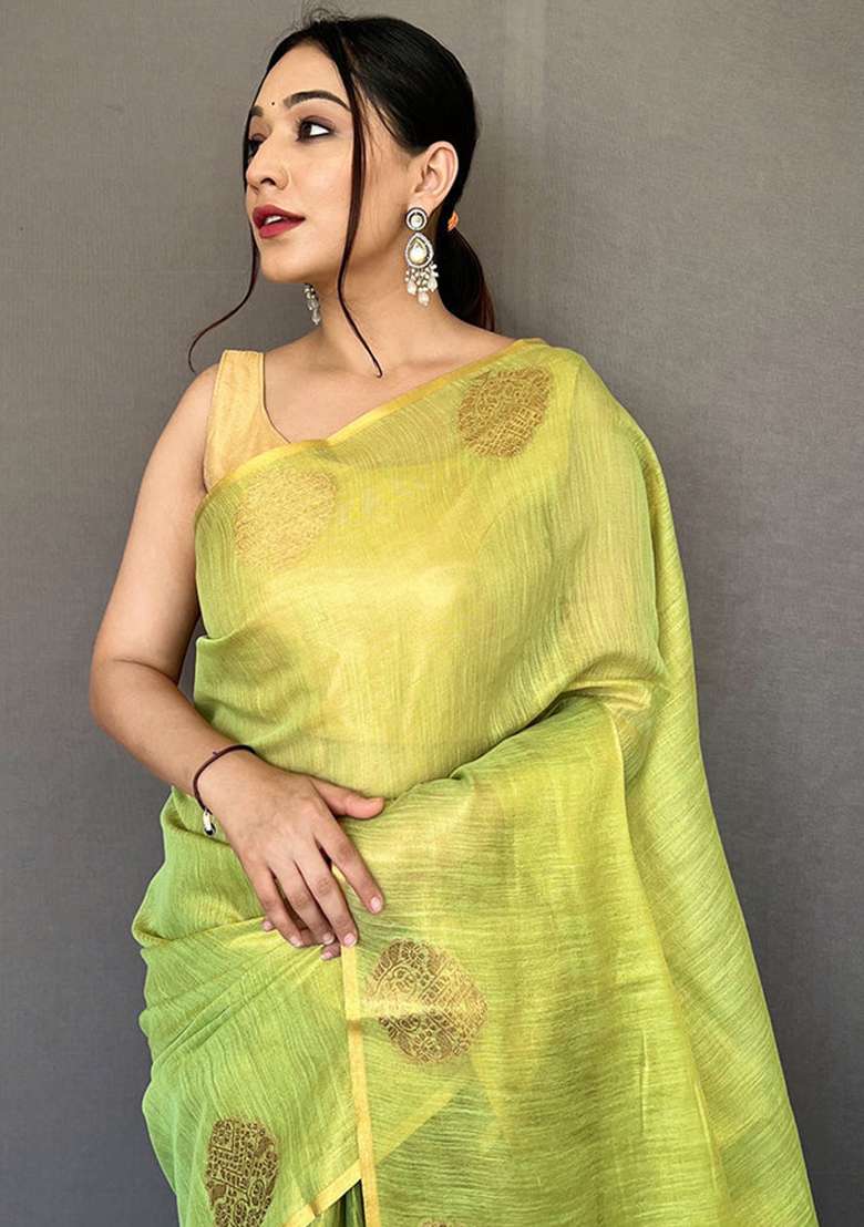 Green Solid Silk Blend Saree Set for Diwali | Wedding & Festive Wear - Indya