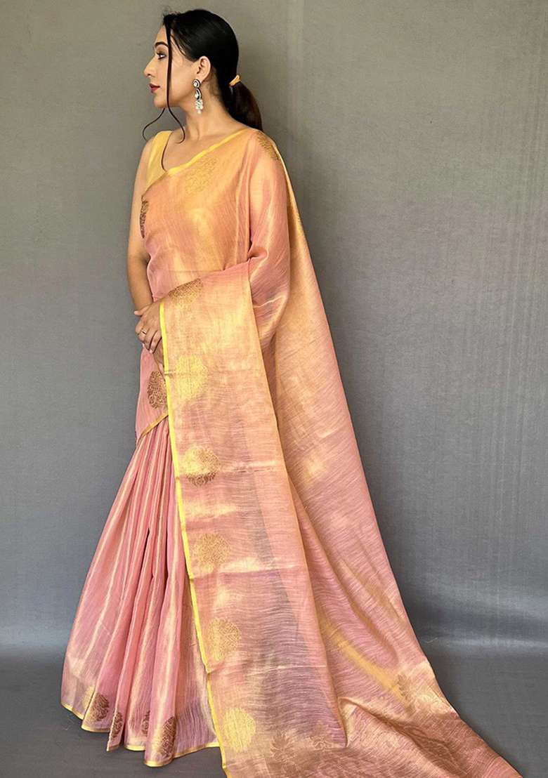 Pink Solid Silk Blend Saree Set for Diwali and Festive Wear - Indya