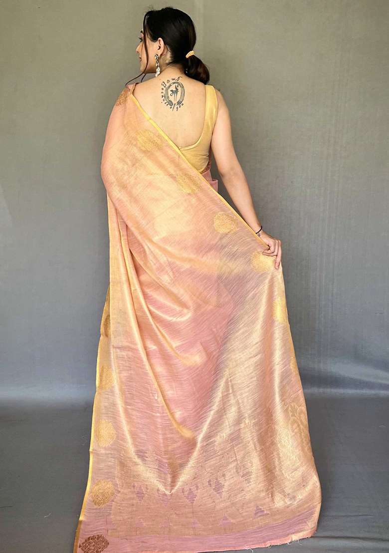 Pink Solid Silk Blend Saree Set for Diwali and Festive Wear - Indya