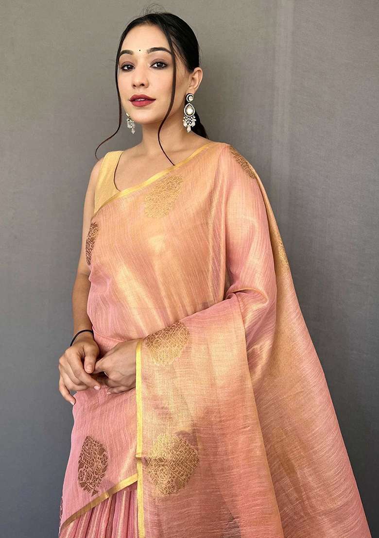 Pink Solid Silk Blend Saree Set for Diwali and Festive Wear - Indya