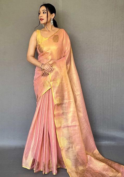 Pink Solid Silk Saree Set