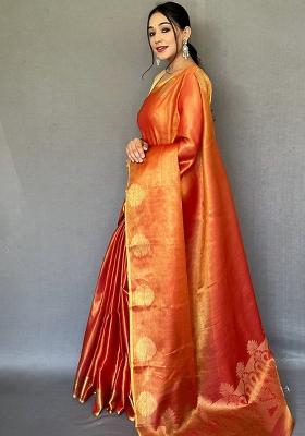 Orange Solid Silk Saree Set