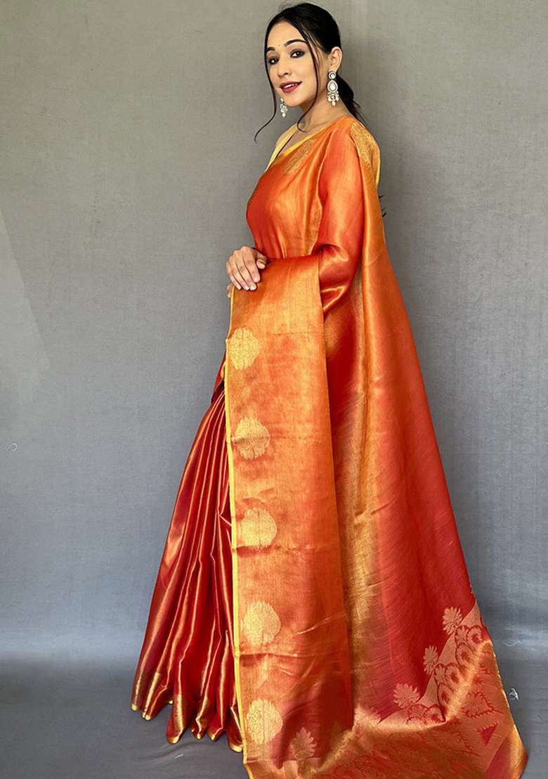 Orange Solid Silk Blend Saree Set for Diwali | Wedding & Festive Wear - Indya