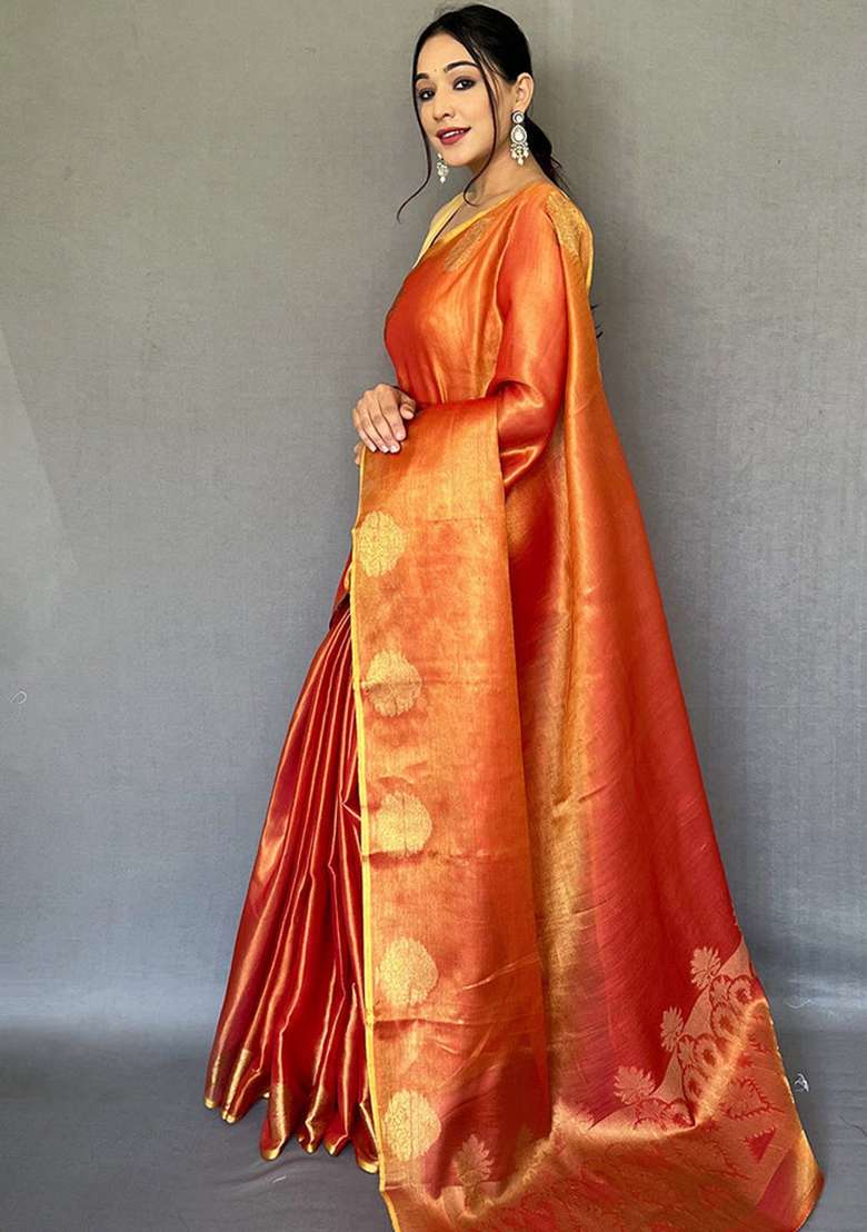 Orange Solid Silk Blend Saree Set for Diwali | Wedding & Festive Wear - Indya