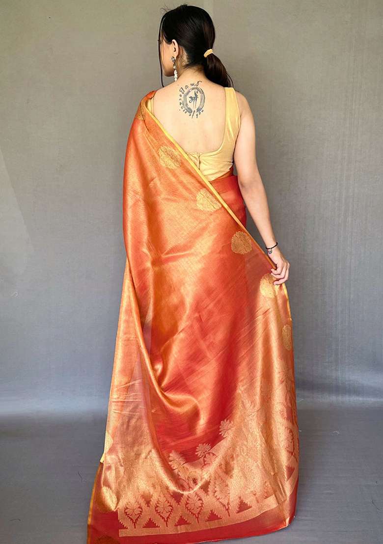 Orange Solid Silk Blend Saree Set for Diwali | Wedding & Festive Wear - Indya