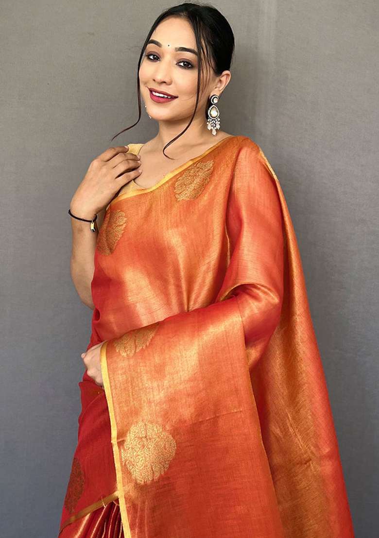 Orange Solid Silk Blend Saree Set for Diwali | Wedding & Festive Wear - Indya