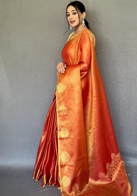 Orange Solid Silk Saree Set