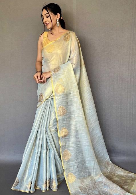 Grey Solid Silk Saree Set