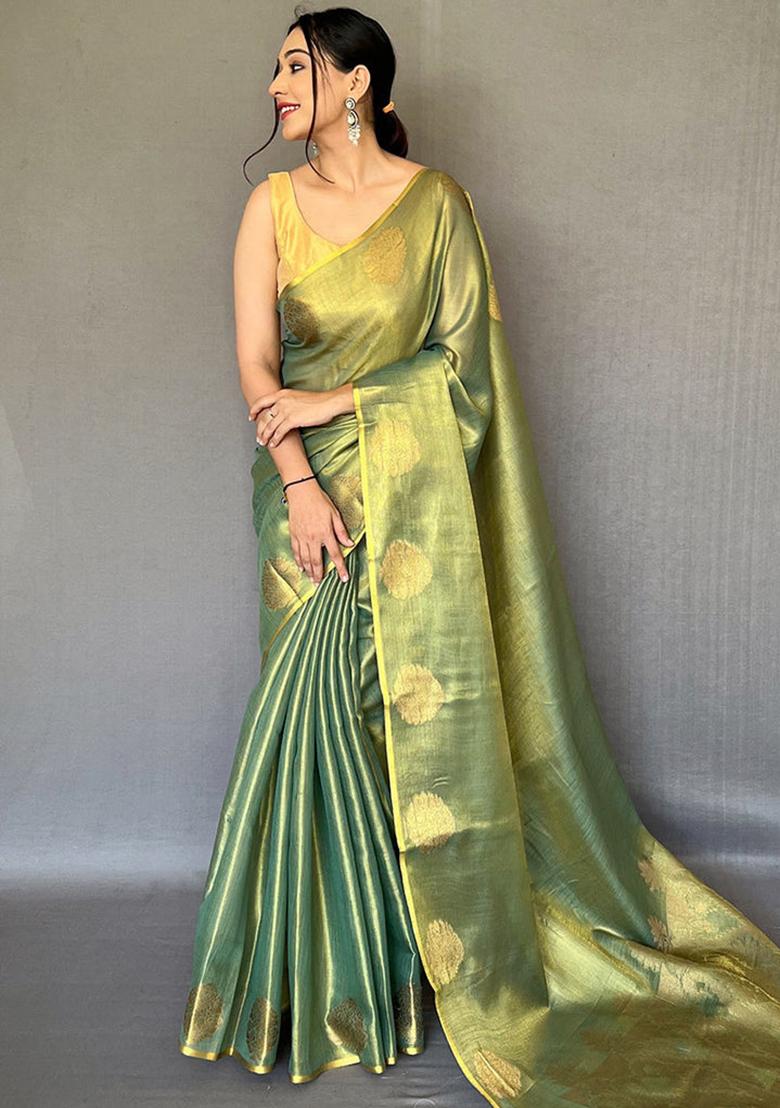 Green Solid Silk Blend Saree Set - Indya