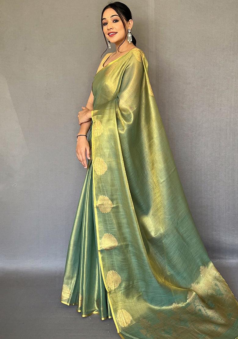 Green Solid Silk Blend Saree Set - Indya