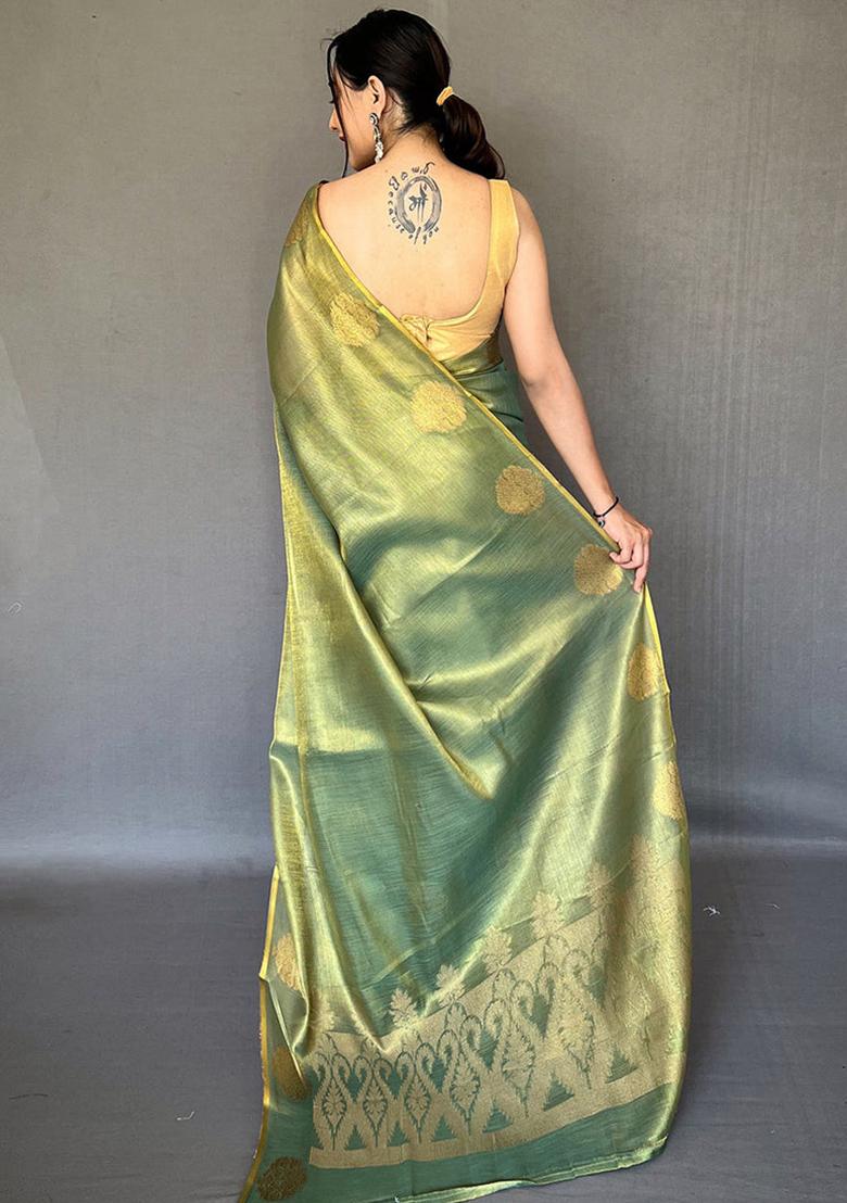 Green Solid Silk Blend Saree Set - Indya