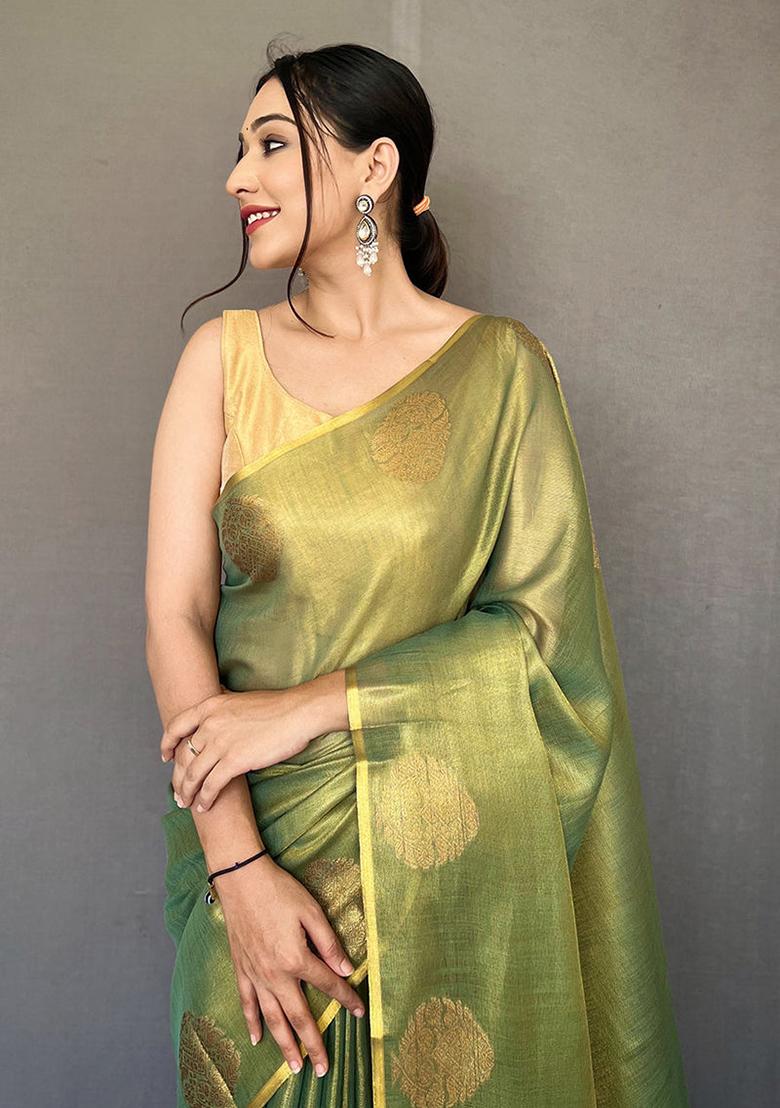 Green Solid Silk Blend Saree Set - Indya