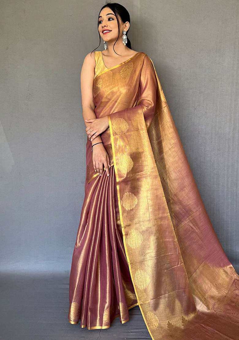Brown Solid Silk Blend Saree Set for Diwali | Wedding & Festive Wear - Indya