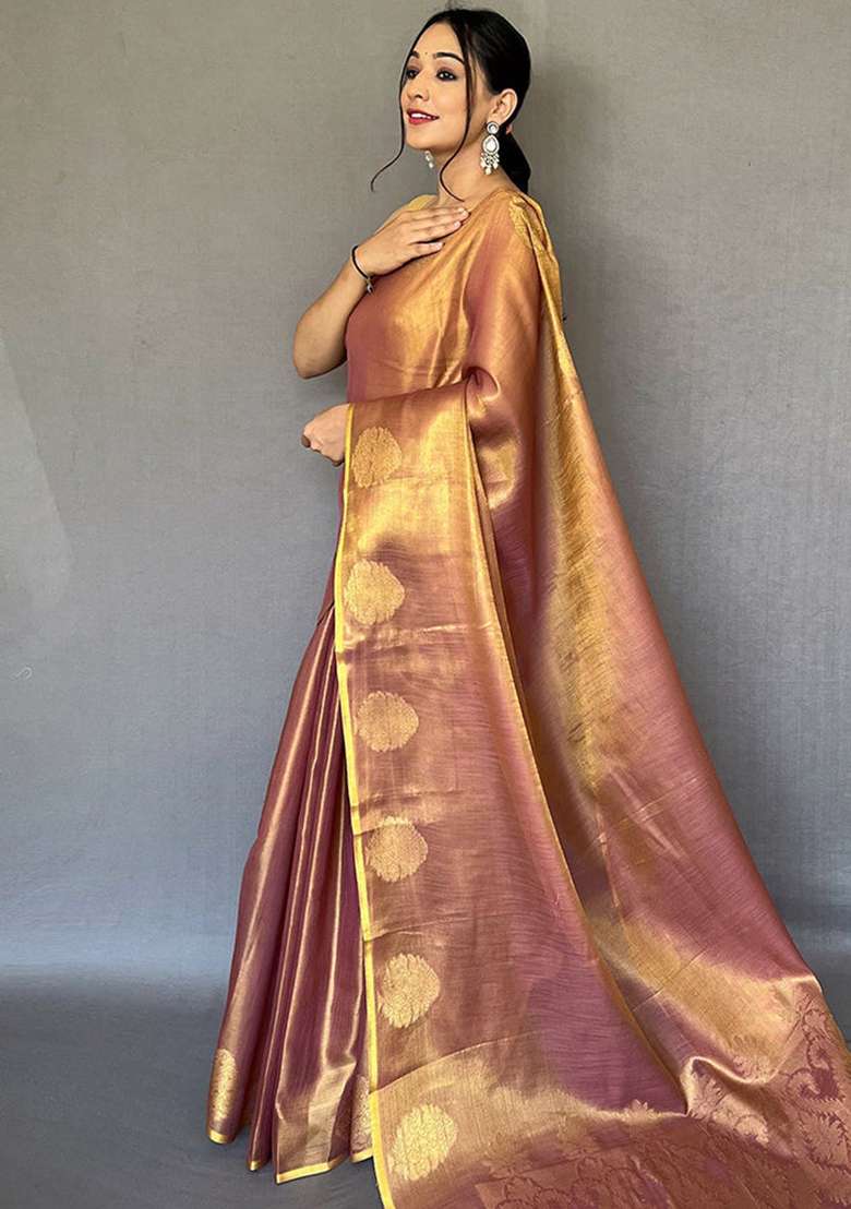Brown Solid Silk Blend Saree Set for Diwali | Wedding & Festive Wear - Indya