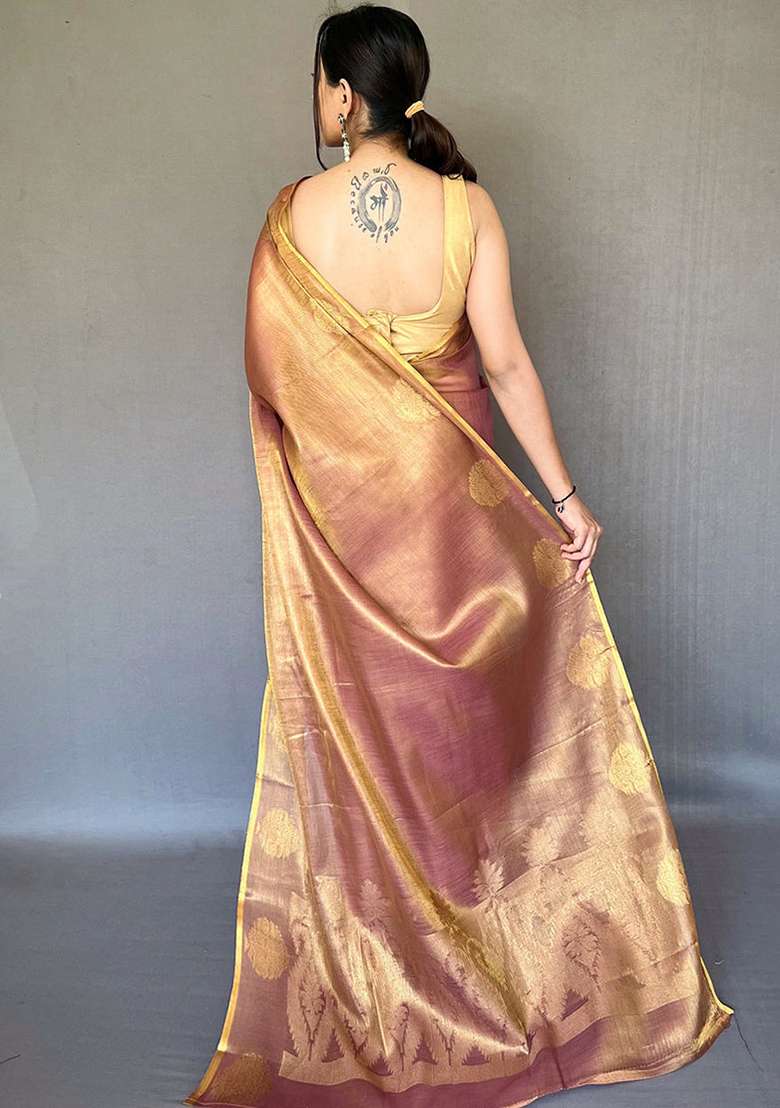 Brown Solid Silk Blend Saree Set for Diwali | Wedding & Festive Wear - Indya