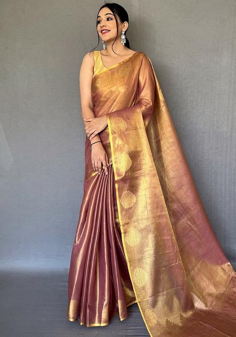 Brown Solid Silk Blend Saree Set