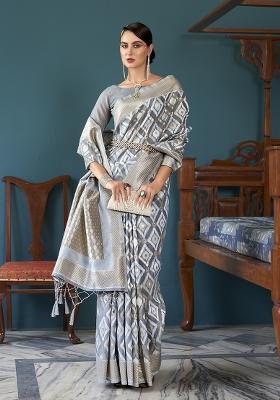 Grey Solid Linen Saree Set