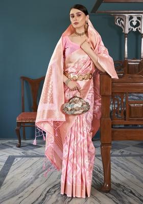 Pink Solid Linen Saree Set