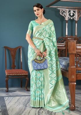 Green Solid Linen Saree Set