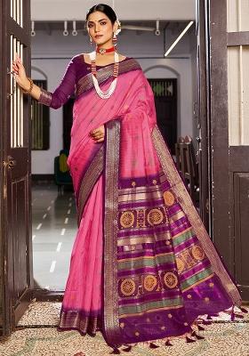 Pink Solid Silk Saree Set