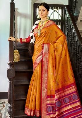 Orange Solid Silk Saree Set