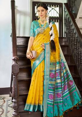 Yellow Solid Silk Saree Set