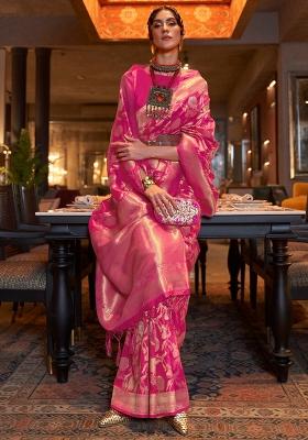 Pink Solid Silk Saree Set