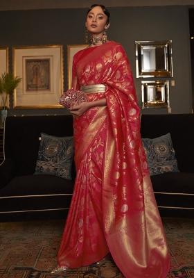 Red Solid Silk Saree Set