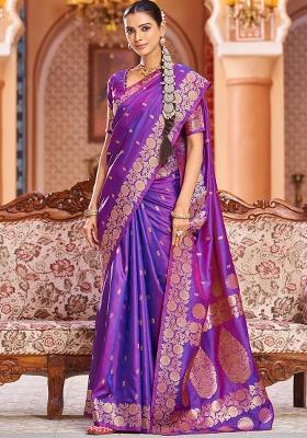 Purple Solid Silk Blend Saree Set