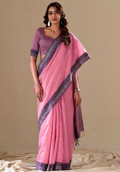 Pink Solid Cotton Saree Set