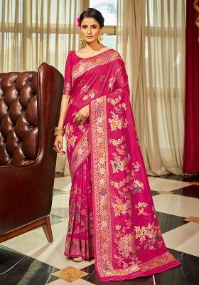 Pink Solid Silk Saree Set