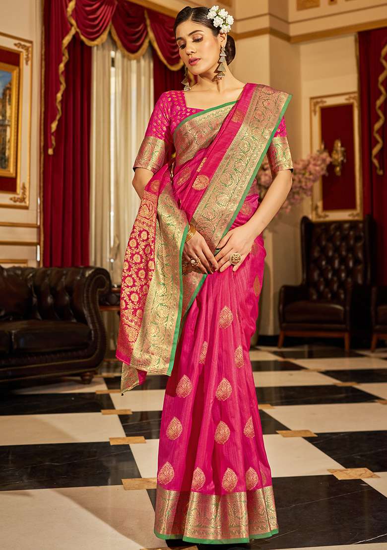 Pink Solid Silk Blend Saree Set - Indya
