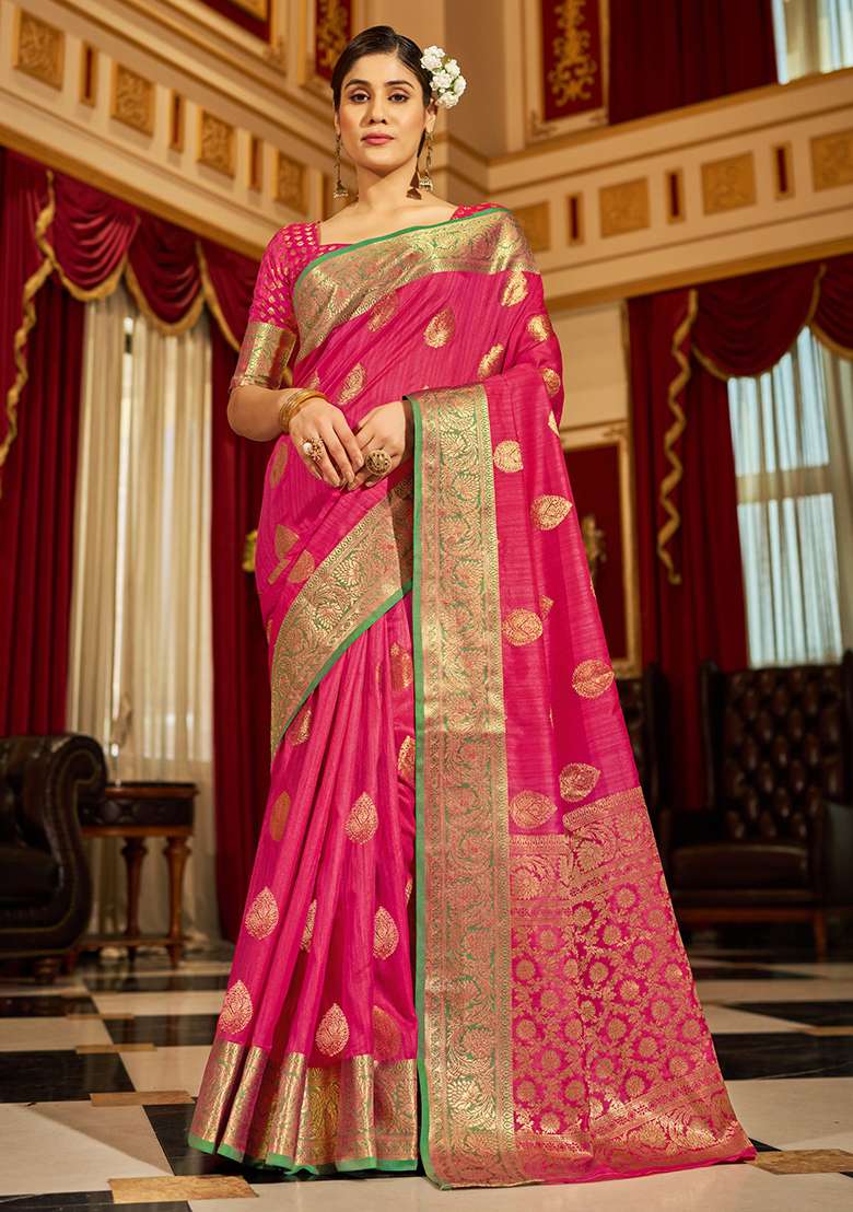 Pink Solid Silk Blend Saree Set - Indya