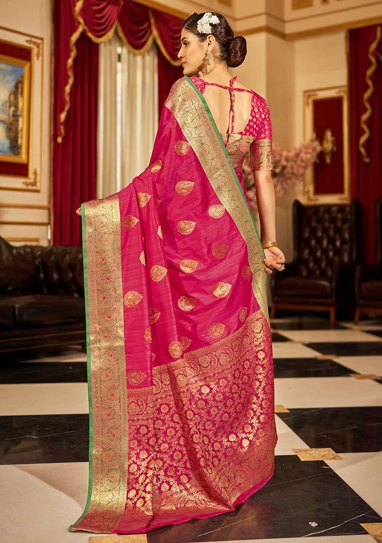 Pink Solid Silk Blend Saree Set - Indya