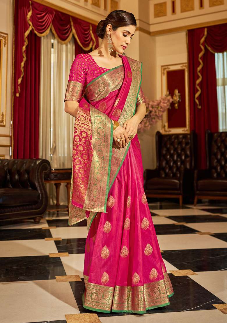 Pink Solid Silk Blend Saree Set - Indya