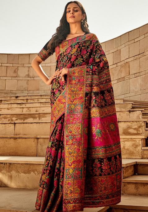 Black Solid Cotton Silk Blend Saree Set
