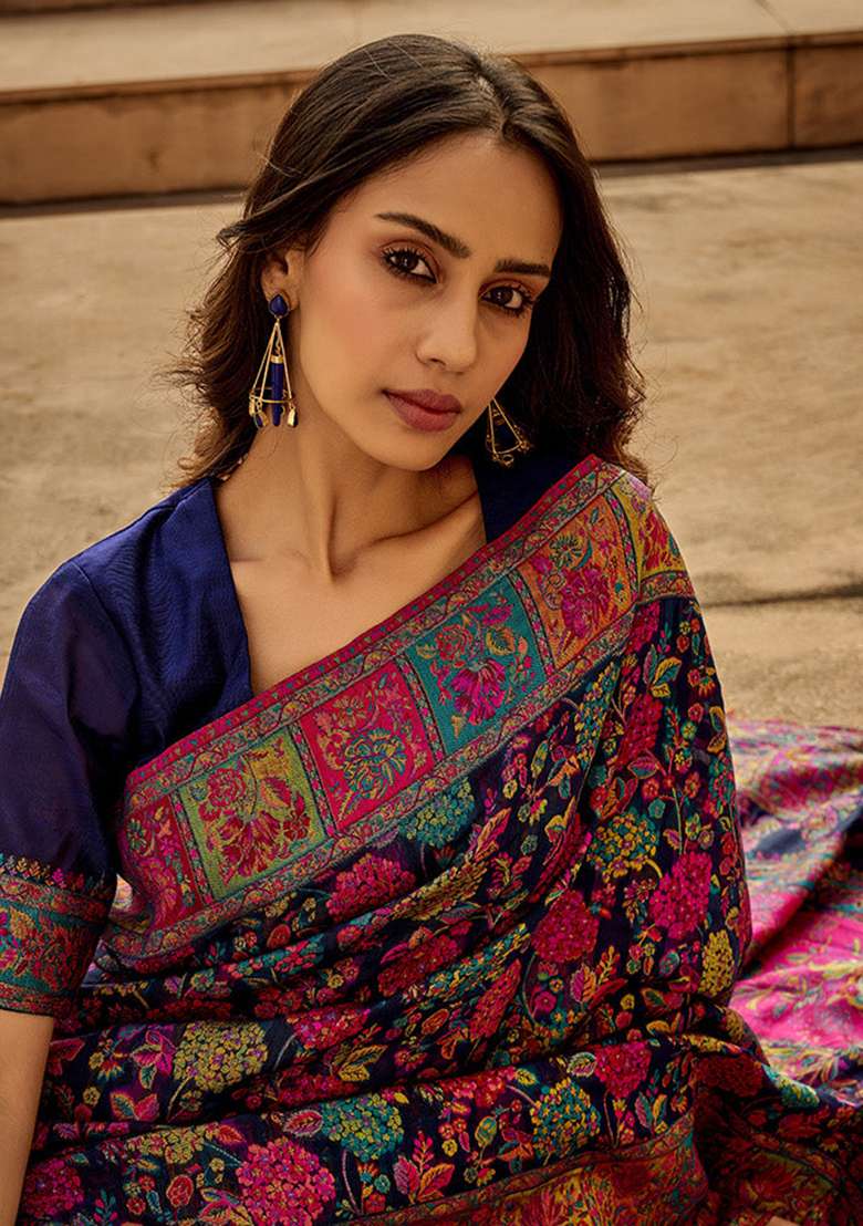 Blue Solid Cotton Silk Blend Saree Set for Diwali and Festive Wear - Indya
