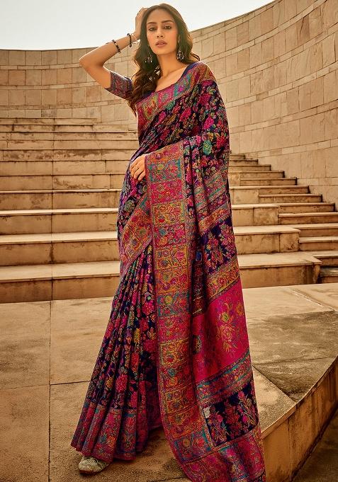 Blue Solid Cotton Silk Saree Set