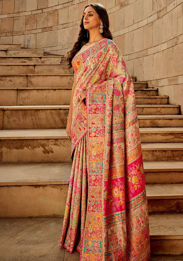 Cream Solid Cotton Silk Blend Saree Set for Diwali and Festive Wear - Indya