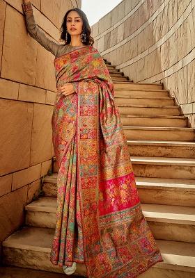 Pink Solid Cotton Silk Saree Set