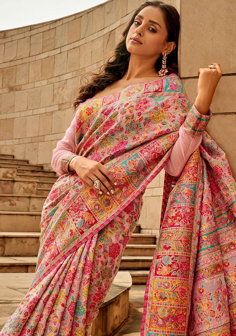 Pink Solid Cotton Silk Blend Saree Set for Diwali and Festive Wear - Indya