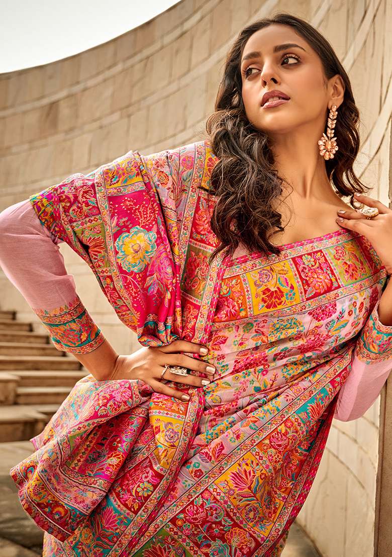 Pink Solid Cotton Silk Blend Saree Set for Diwali and Festive Wear - Indya