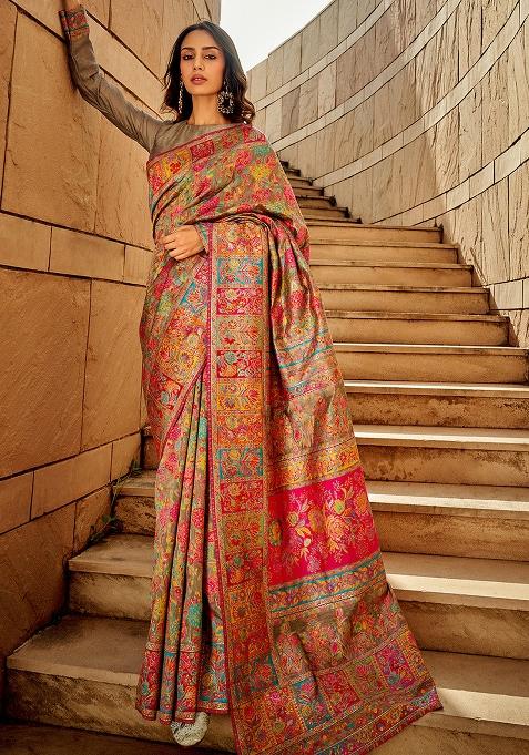Pink Solid Cotton Silk Saree Set