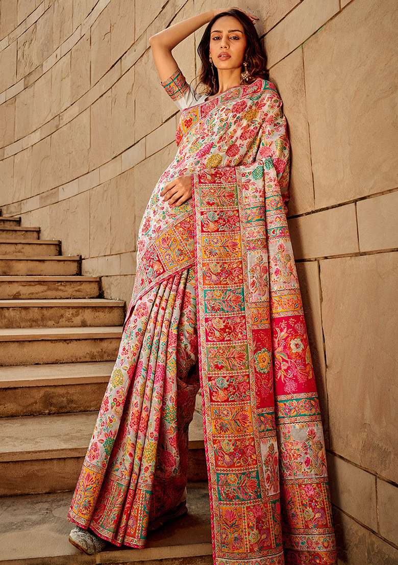 White Solid Cotton Silk Blend Saree Set for Diwali and Festive Wear - Indya