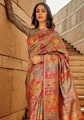 Grey Solid Cotton Silk Saree Set