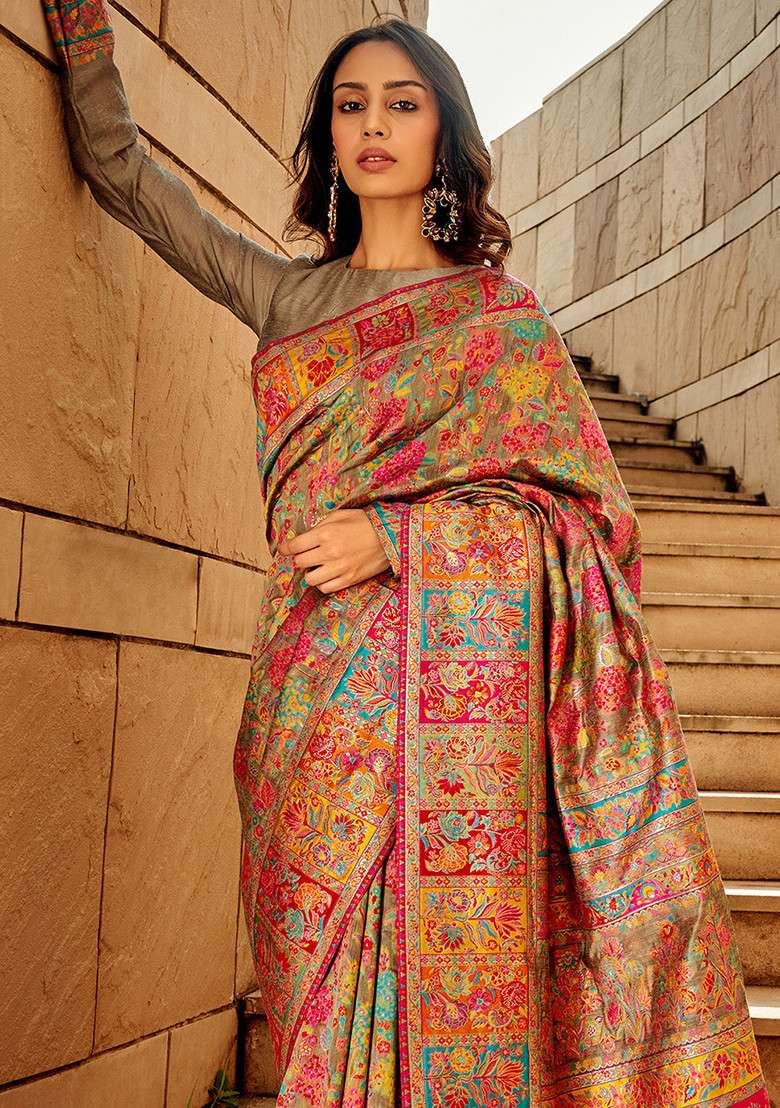 Grey Solid Cotton Silk Blend Saree Set for Diwali | Wedding & Festive Wear - Indya