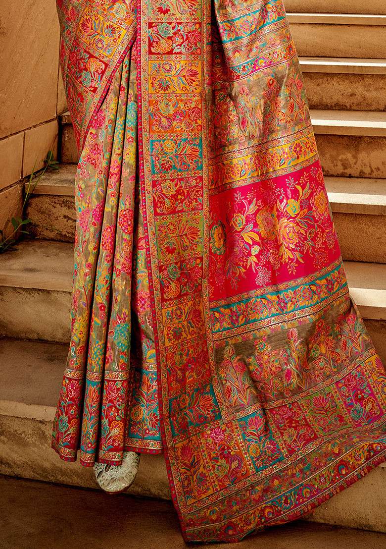Grey Solid Cotton Silk Blend Saree Set for Diwali | Wedding & Festive Wear - Indya