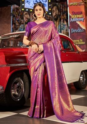Purple Solid Silk Saree Set