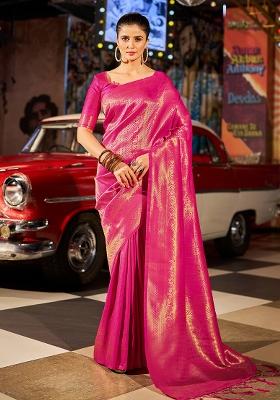 Pink Solid Silk Saree Set