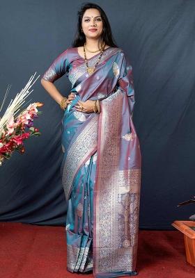 Grey Solid Silk Blend Saree Set